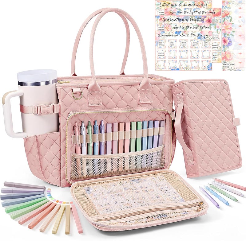 FLOE Large Bible Bag with Bible Cover Case for Women, Quilted Church Tote Bag Book Carrying Case w/Shoulder Strap,Bible Study Supplies Journaling Kit Accessories Valentines Day Christian Gift for Women Her - Image 1